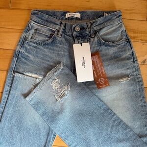 MOUSSY VINTAGE MU STEELE2260 Straight Light Blue Denim Distressed Jeans Size 26